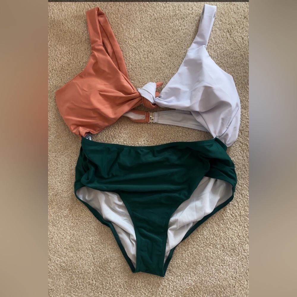 SHEIN Colorblock One Piece Swimsuit - Rust, White, and Green